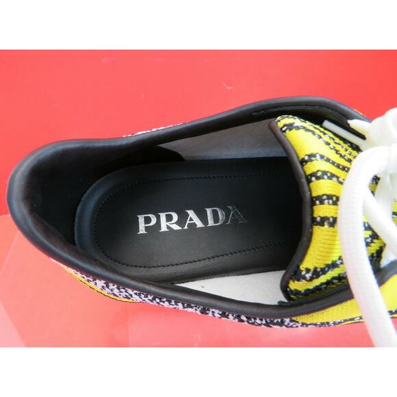 NIB PRADA 2EG272 YELLOW BLACK FABRIC TRAINERS KNIT LOGO LACE UP SNEAKERS 7 US 8 - Picture 8 of 12